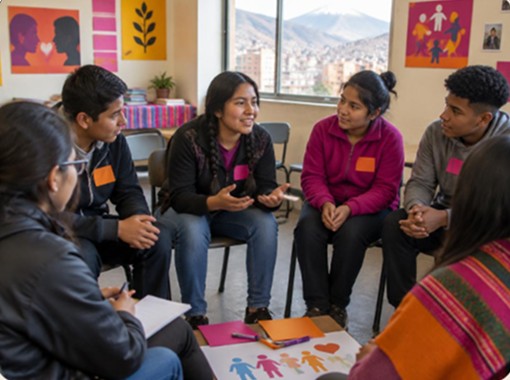 Estudiantes conversando en círculo en un aula